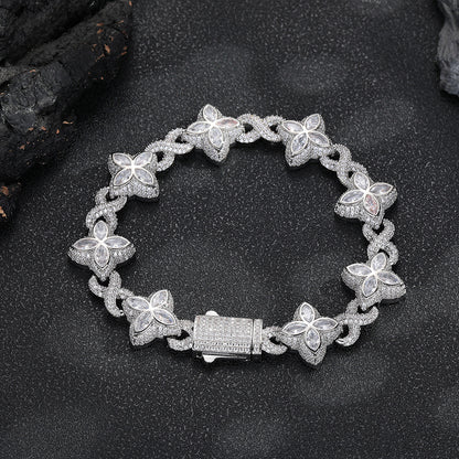 Clover Cuban Link Cubic Zirconia Bracelet & Necklace, Unisex Hip Hop Jewelry