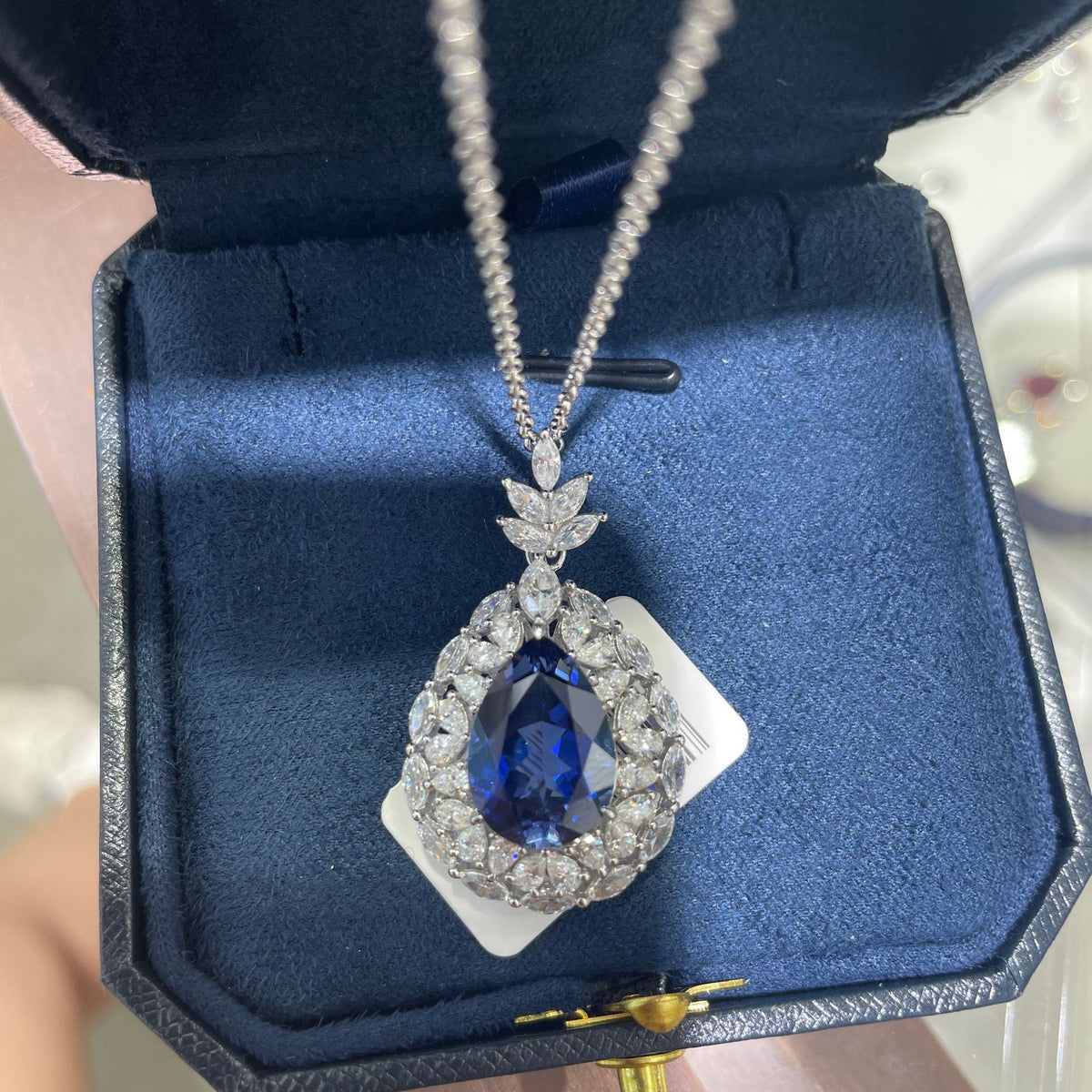 Lab-Grown Blue Sapphire Teardrop Drop Earrings for Women, 925 Silver Floral Halo product image