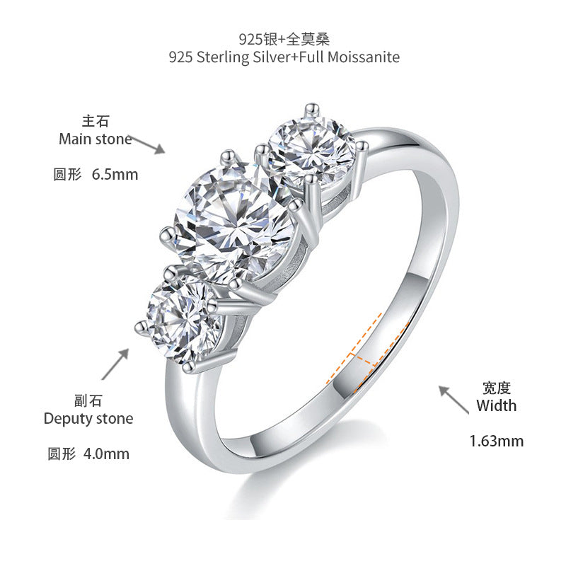 Moissanite Three-Stone Ring for Women, 925 Silver, 6.5mm Round Cut product image