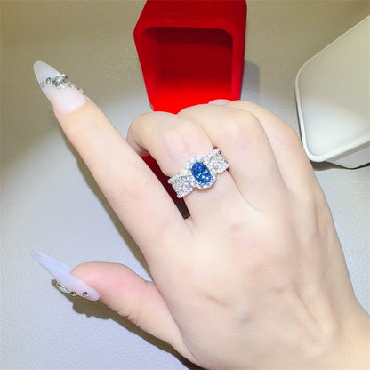 Blue Moissanite Halo Ring for Women, 1 Carat Oval Statement Engagement Ring, Geometric Pave Band
