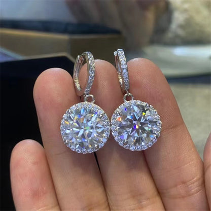 Moissanite Halo Drop Hoop Earrings for Women, Round Pavé Water Ripple Dangle Earrings