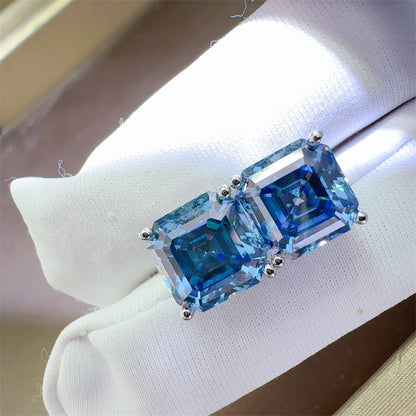 Blue Asscher Cut Moissanite Stud Earrings for Women, Geometric Silver Ear Studs, Dressy Daily Earrings