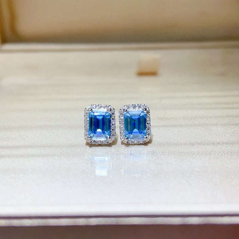 Blue Emerald-Cut Moissanite Ring and Stud Earrings Set, Halo Jewelry Set for Women product image