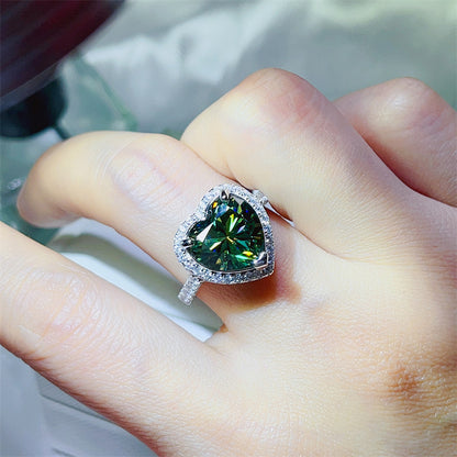 Green Heart Moissanite Halo Ring for Women, 1 Carat or 5 Carat Engagement Style Ring