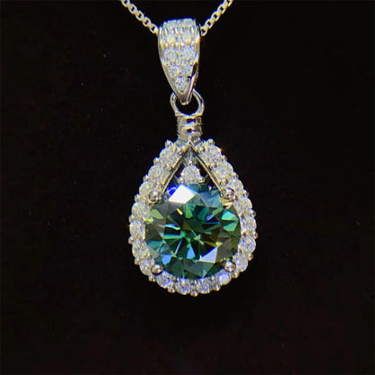 Teardrop Halo Moissanite Pendant Necklace for Women, Round Cut Statement Collarbone Chain, White or Green Stone Options