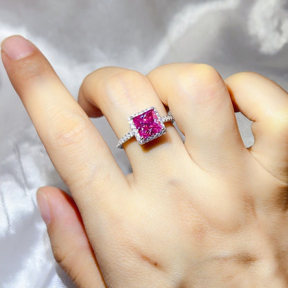 Princess Cut Halo Moissanite Ring for Women, Pink or Blue Engagement Ring, S925 Polished Statement Ring