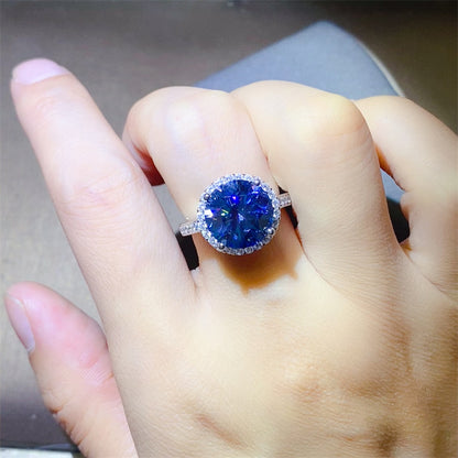 Blue Moissanite Halo Ring for Women, Round Cut Engagement Ring, 1 Carat 2 Carat 3 Carat 5 Carat Promise Ring