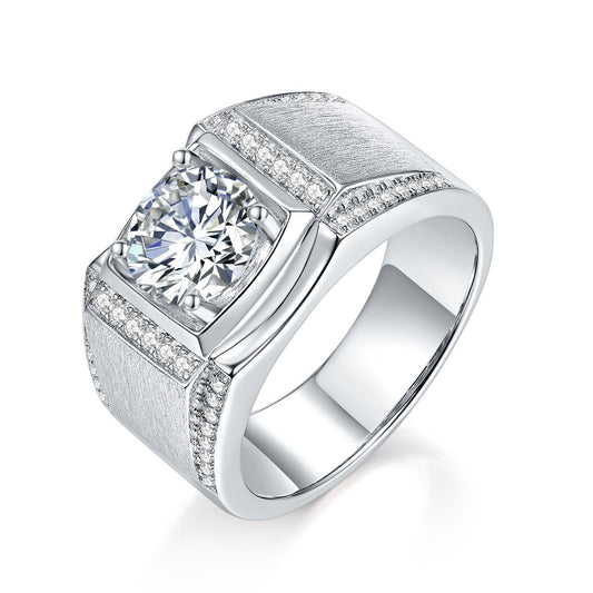 Moissanite Wedding Ring for Men, Wide Brushed Band with Round Center Stone product image