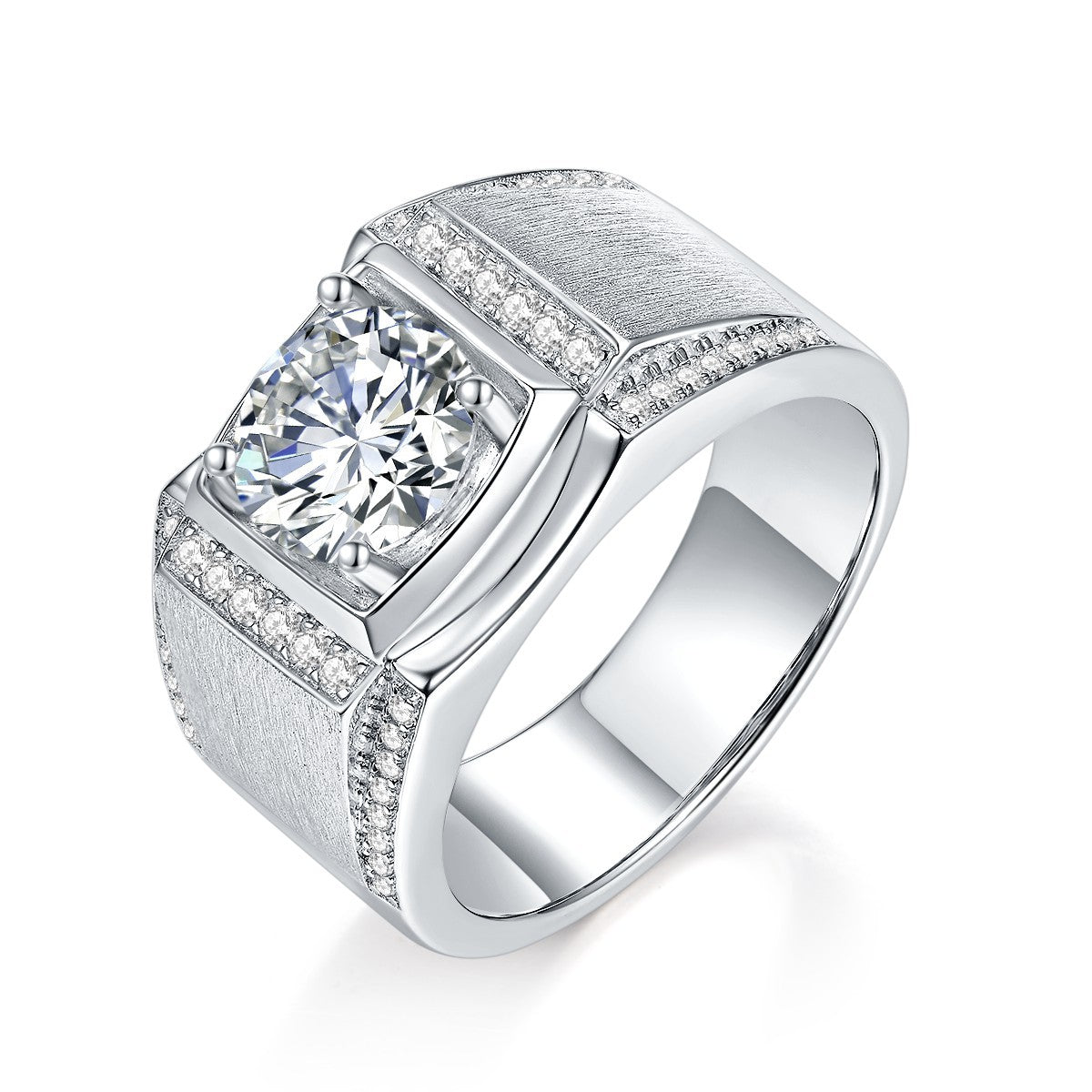Moissanite Wedding Ring for Men, Wide Brushed Band with Round Center Stone product image