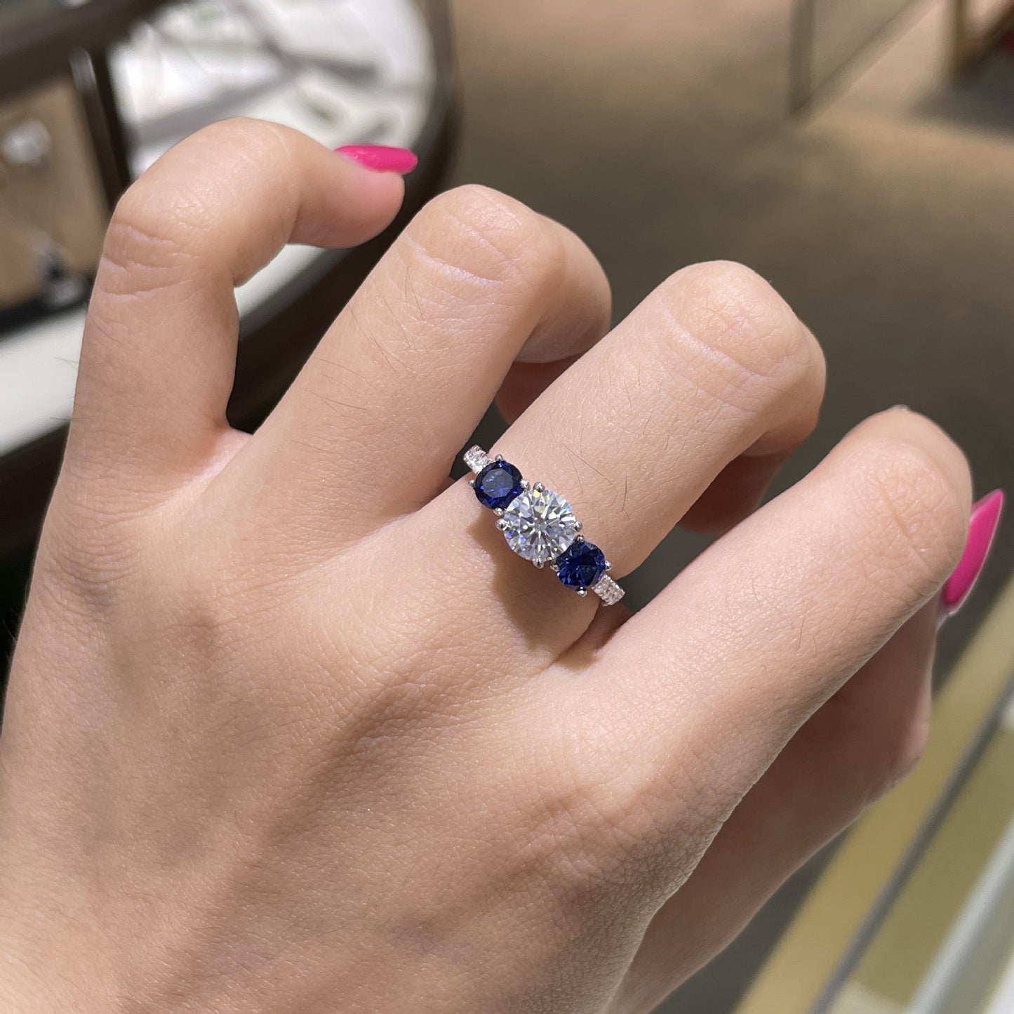 Three-Stone Moissanite Ring for Women, Blue Accent Engagement Ring product image