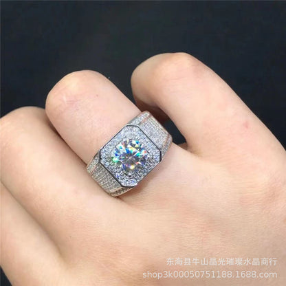 Men’s Moissanite Ring Square Halo Wedding Ring Wide Band Promise Ring
