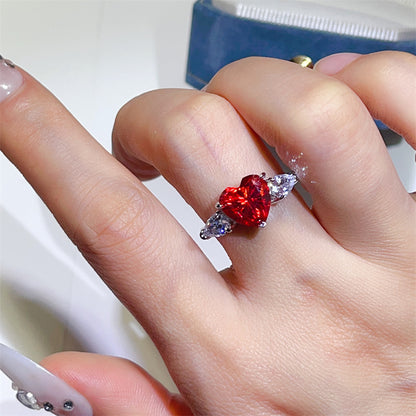 Red Heart Moissanite Ring for Women, Three-Stone Heart Cut Engagement Ring, 1 Carat 2 Carat 3 Carat Promise Ring
