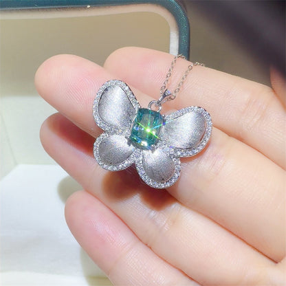 Green Radiant Moissanite Butterfly Pendant Necklace