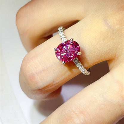 Pink Oval Moissanite Ring for Women, Classic Pavé Band Engagement Ring, 1 Carat or 2 Carat