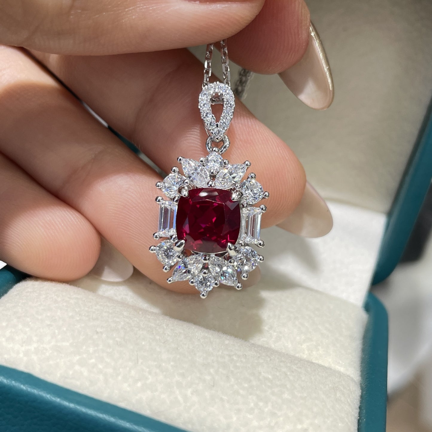 Cushion Red Gemstone Halo Ring for Women, Vintage Style Statement Jewelry product image