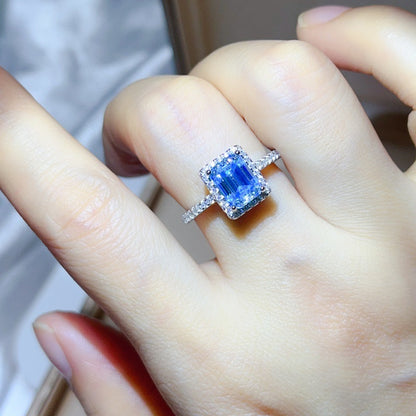 Blue Emerald-Cut Moissanite Ring and Stud Earrings Set, Halo Jewelry Set for Women