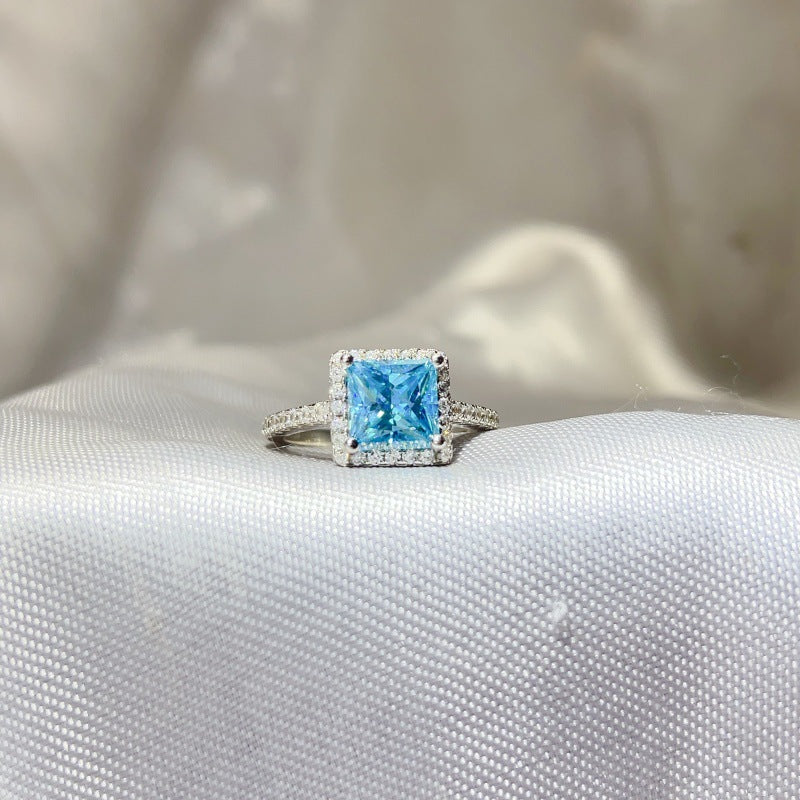 Princess Cut Halo Moissanite Ring for Women, Pink or Blue Engagement Ring, S925 Polished Statement Ring