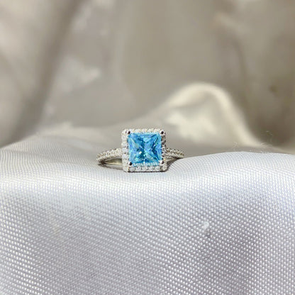 Princess Cut Halo Moissanite Ring for Women, Pink or Blue Engagement Ring, S925 Polished Statement Ring