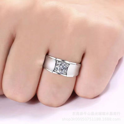 Men’s Moissanite Ring Square Halo Wedding Ring Wide Band Promise Ring