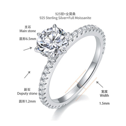 925 Silver Moissanite Ring, 6.5mm Round Six-Prong Solitaire Engagement Ring for Women