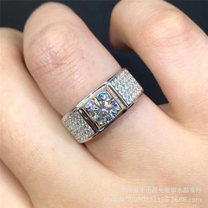 Men’s Moissanite Ring Square Halo Wedding Ring Wide Band Promise Ring