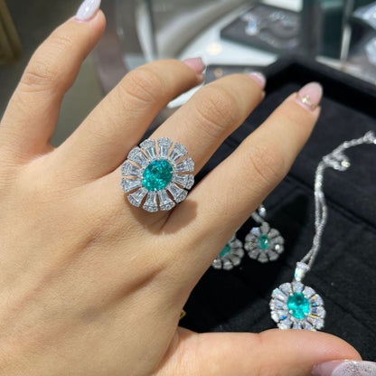 Teal Flower Jewelry Set, Matching Earrings, Ring and Pendant Necklace