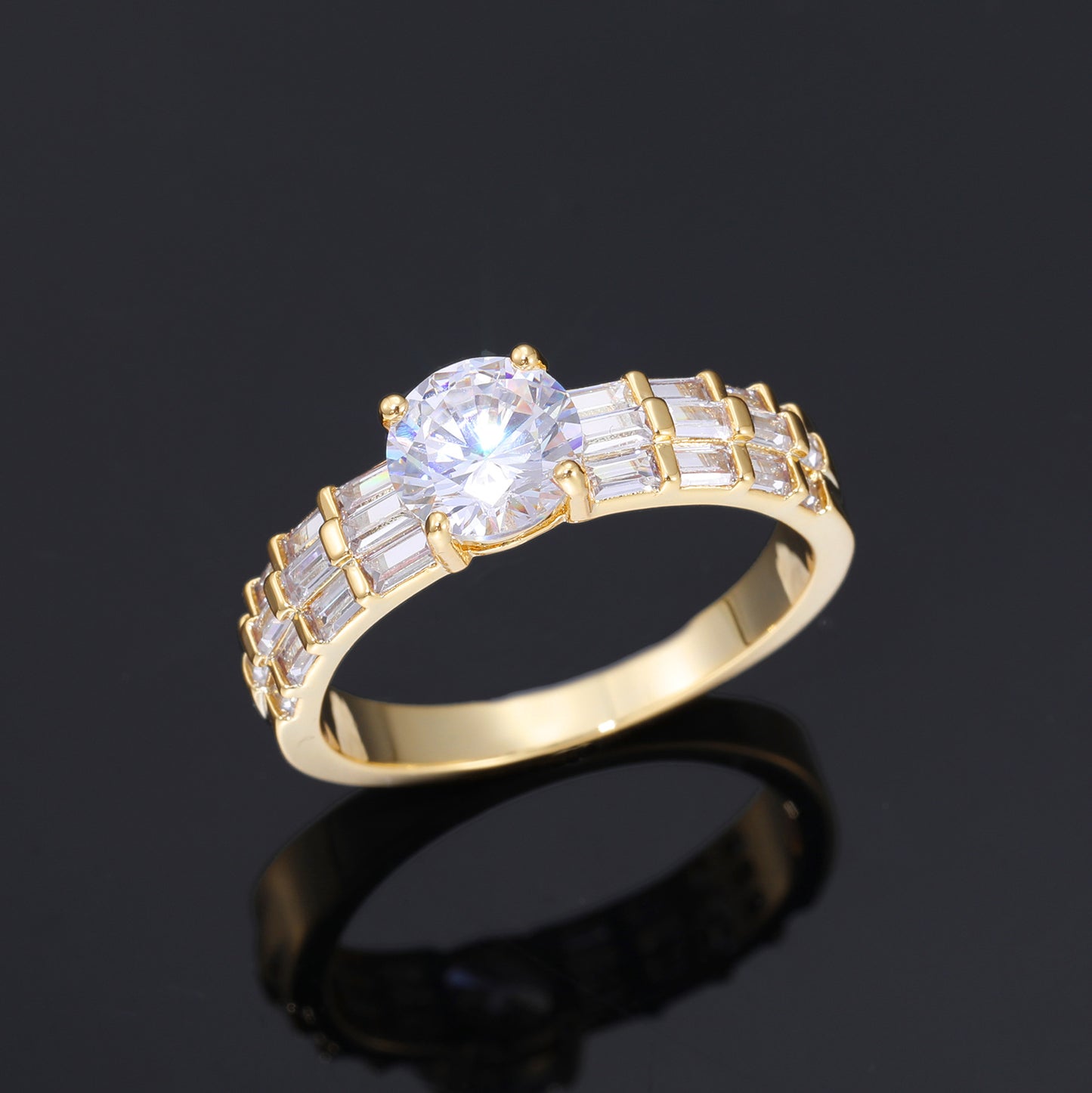 7MM Iced Out Zircon Ring for Men and Women - Round Center Geometric Band in White Tone or Yellow Tone product image