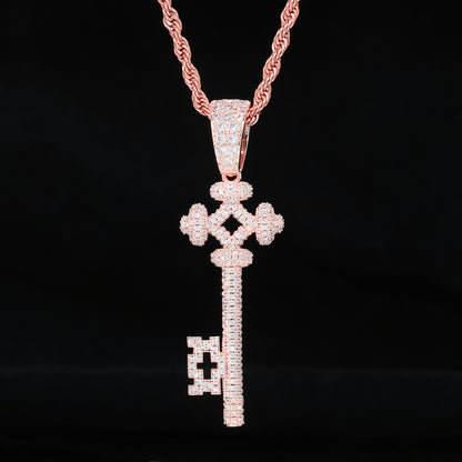 Unisex Hip Hop Key Pendant Necklace, Rope Chain Geometric Zircon Charm