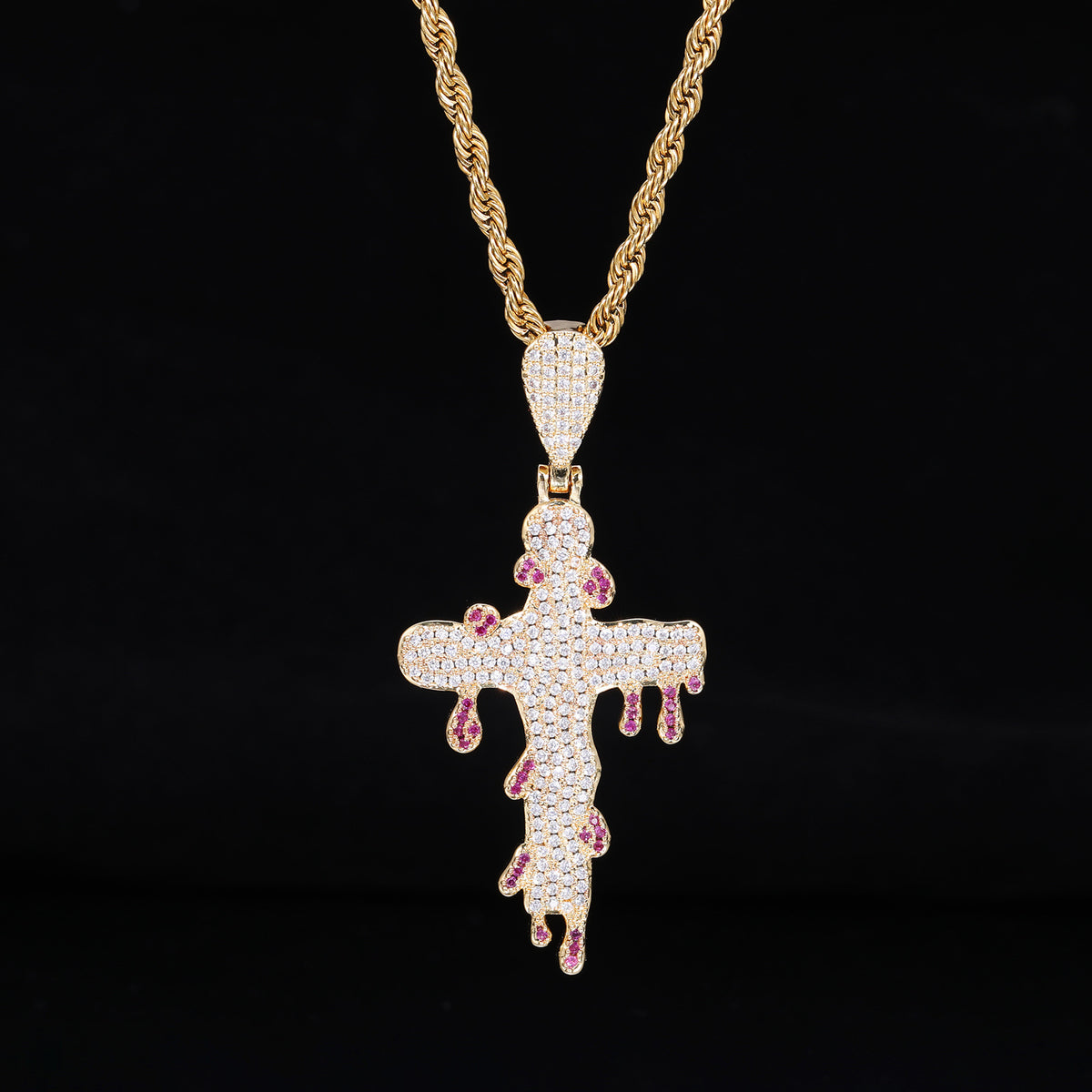 Iced Out Cross Pendant Necklace for Men, Rope Chain Hip Hop Drip Pendant Jewelry product image
