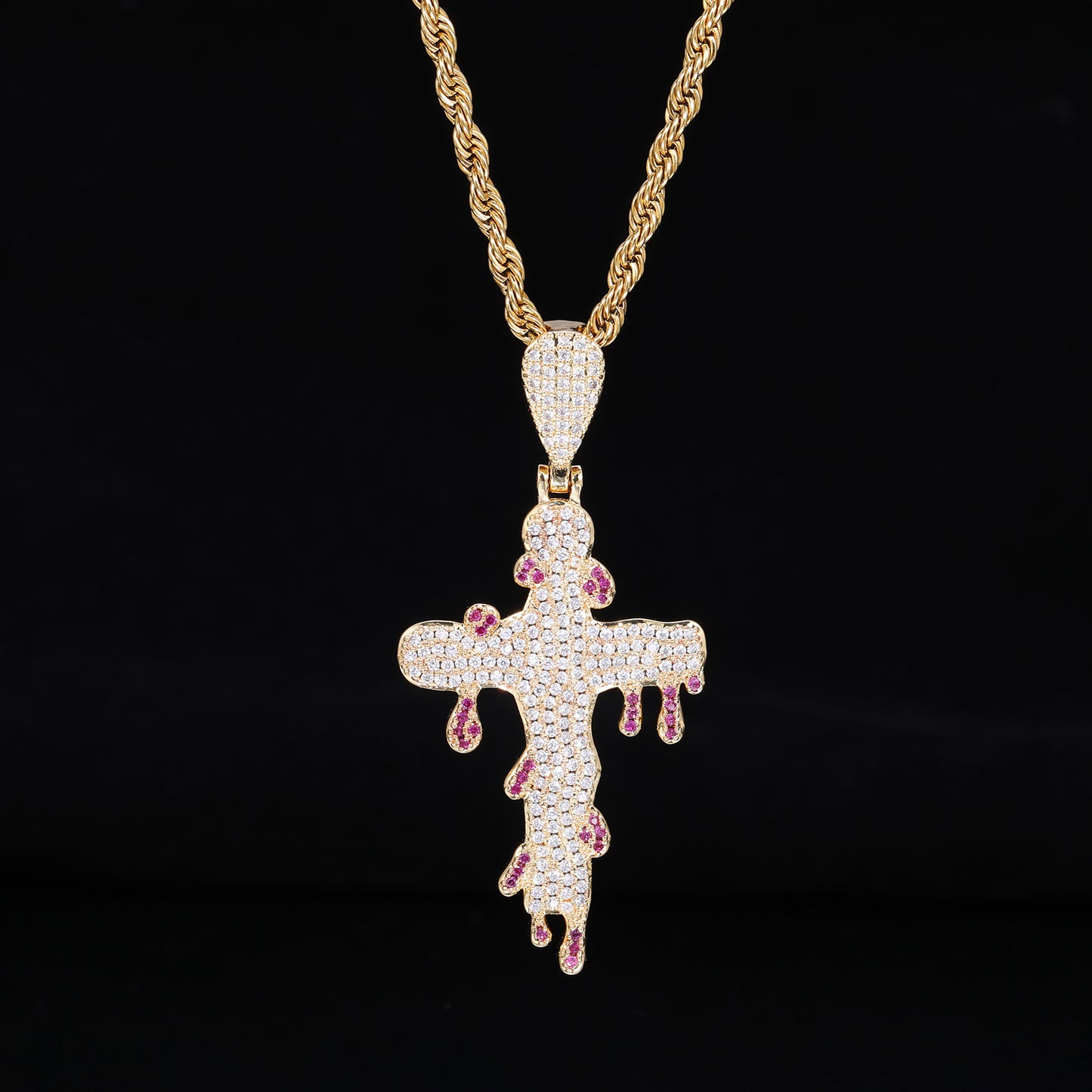 Iced Out Cross Pendant Necklace for Men, Rope Chain Hip Hop Drip Pendant Jewelry product image