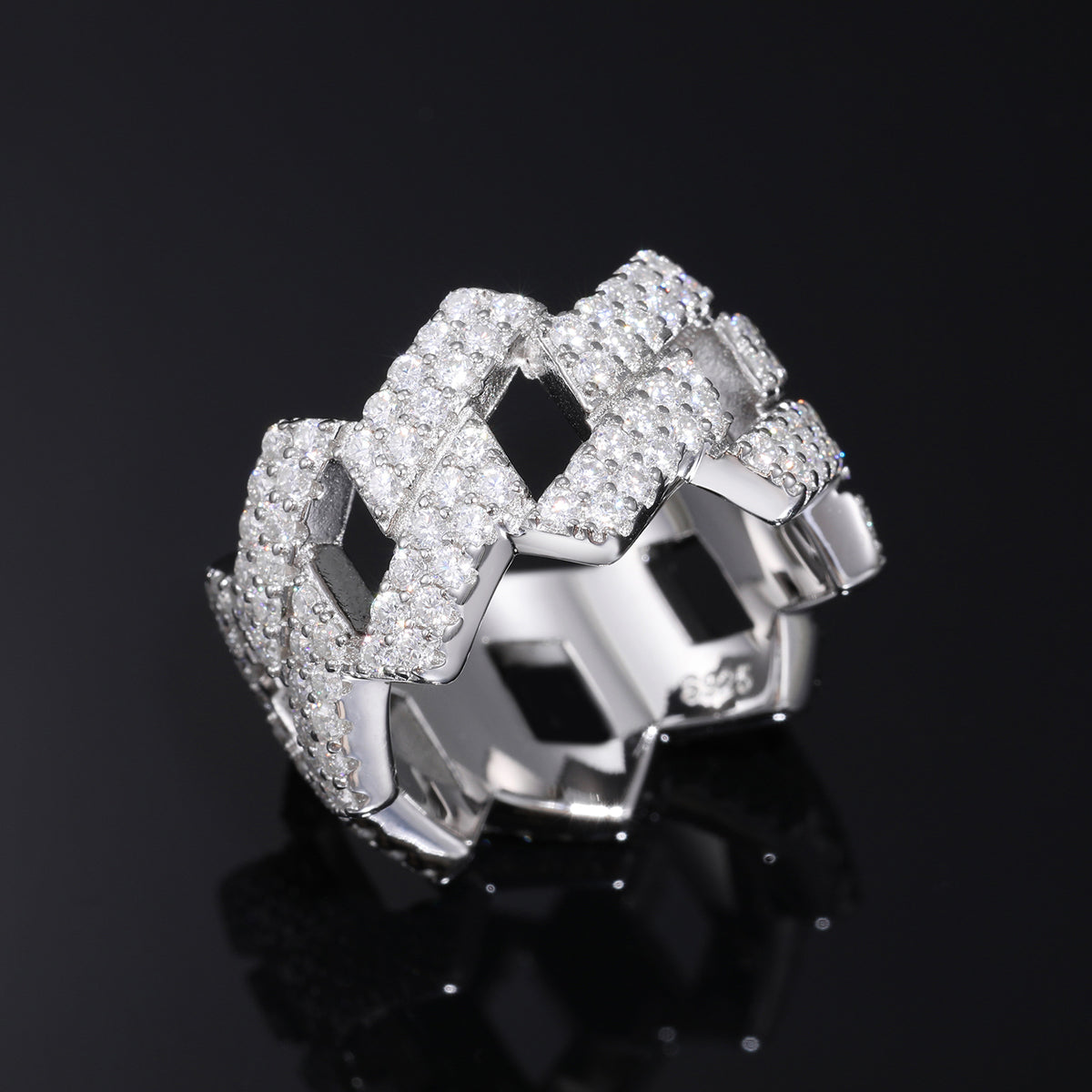 925 Silver Moissanite Geometric Link Ring - Iced Hip Hop Unisex Band product image