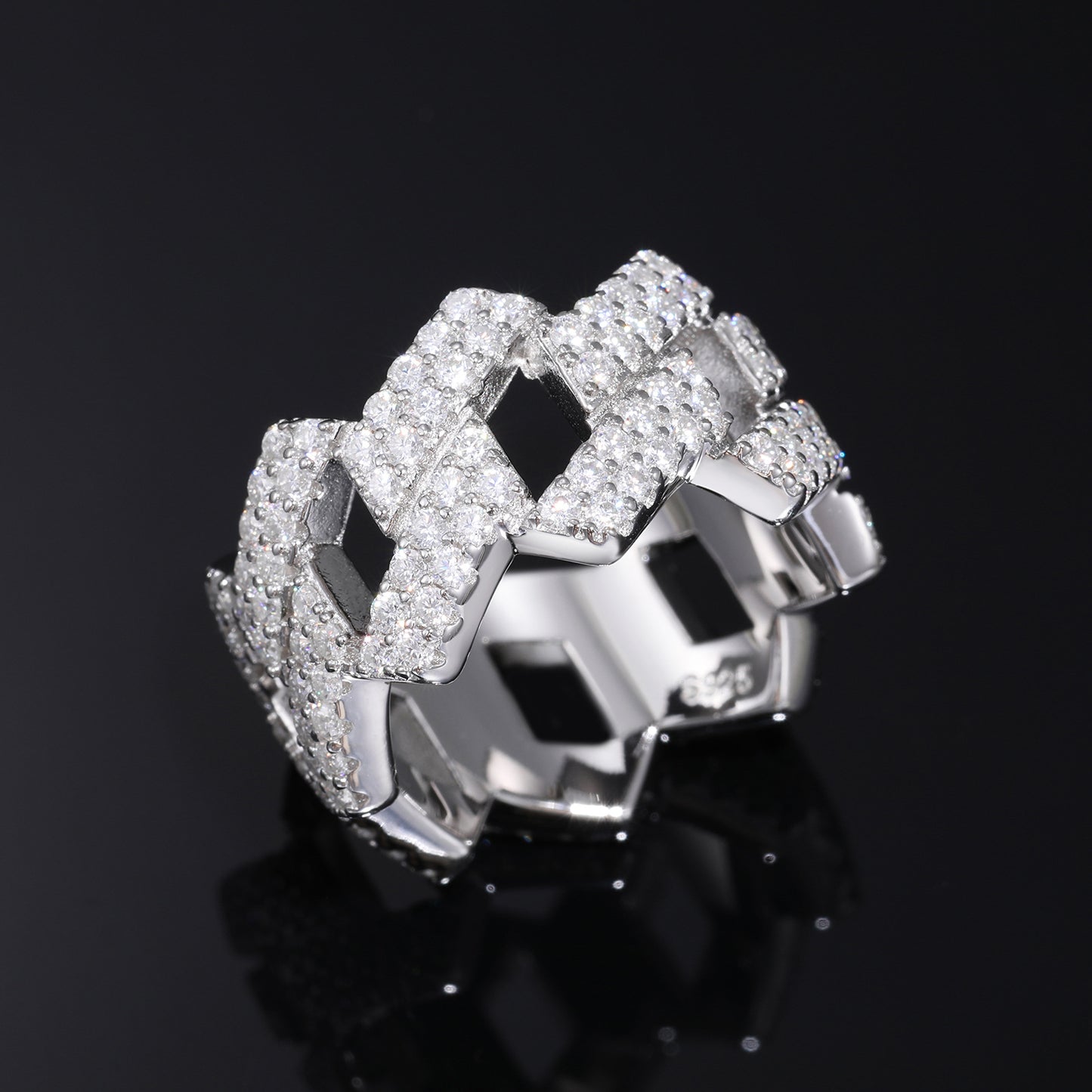 925 Silver Moissanite Geometric Link Ring - Iced Hip Hop Unisex Band product image