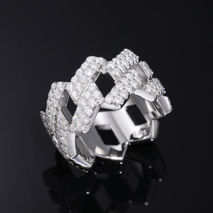 925 Silver Moissanite Geometric Link Ring - Iced Hip Hop Unisex Band