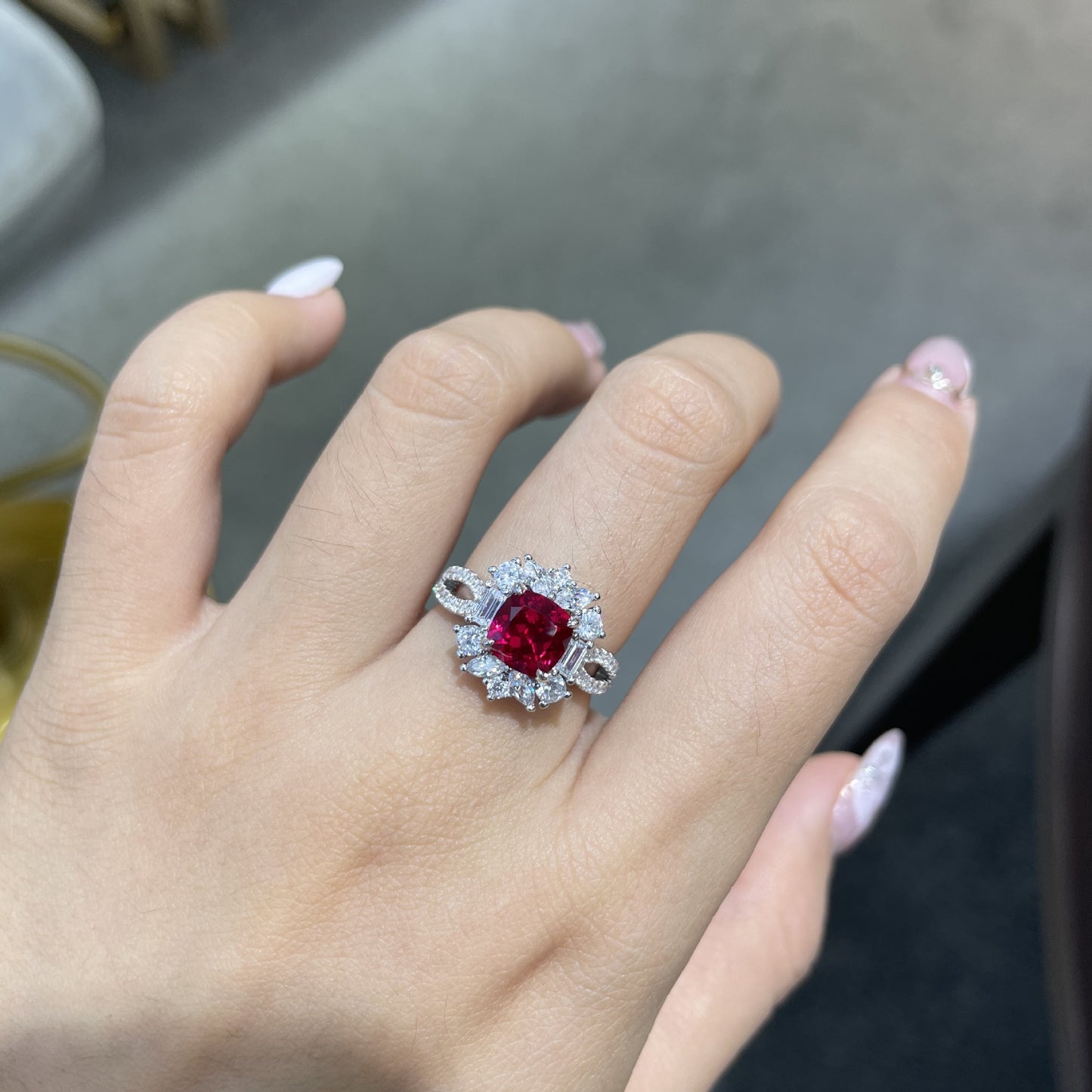 Cushion Red Gemstone Halo Ring for Women, Vintage Style Statement Jewelry product image