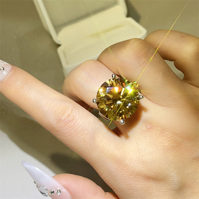 20 Carat Yellow Moissanite Ring for Women, Oversized Round Solitaire Geometric U-Shape Statement Ring product image
