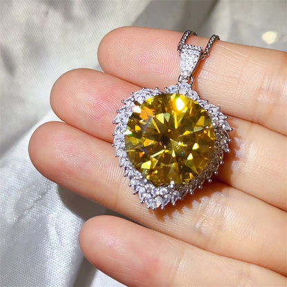 20 Carat Round Moissanite Halo Pendant Necklace, Large Color Stone Statement Necklace