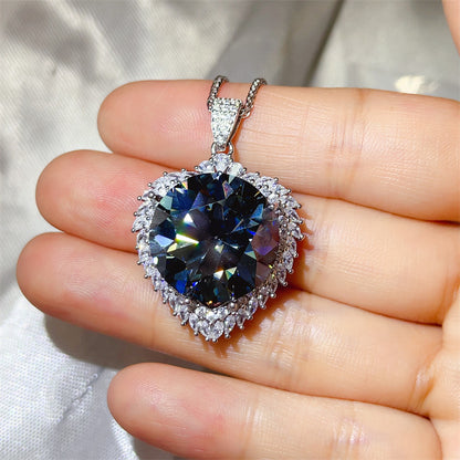20 Carat Round Moissanite Halo Pendant Necklace, Large Color Stone Statement Necklace