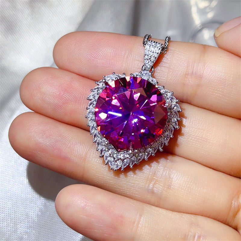 20 Carat Round Moissanite Halo Pendant Necklace, Large Color Stone Statement Necklace