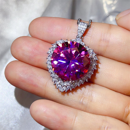 20 Carat Round Moissanite Halo Pendant Necklace, Large Color Stone Statement Necklace