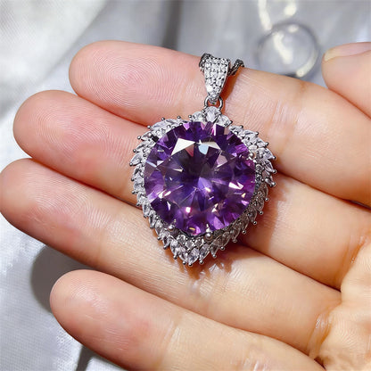 20 Carat Round Moissanite Halo Pendant Necklace, Large Color Stone Statement Necklace