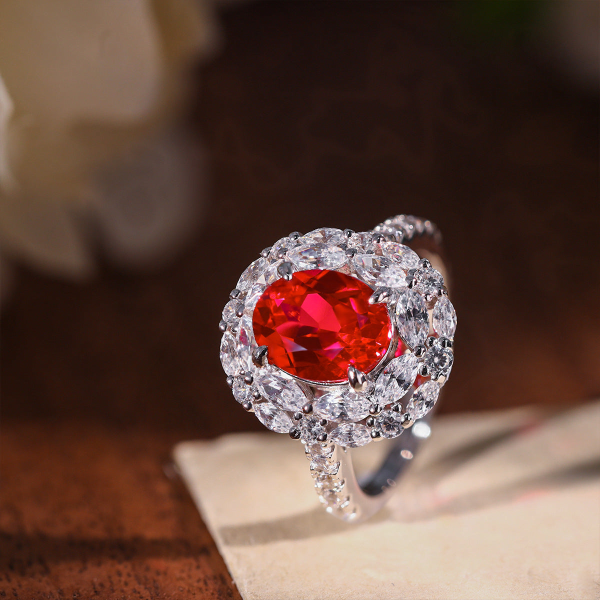 2 Carat Oval Lab-Created Ruby Halo Ring for Women, 925 Silver Red Gemstone Ring product image