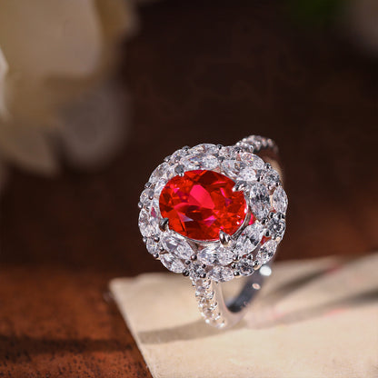 2 Carat Oval Lab-Created Ruby Halo Ring for Women, 925 Silver Red Gemstone Ring