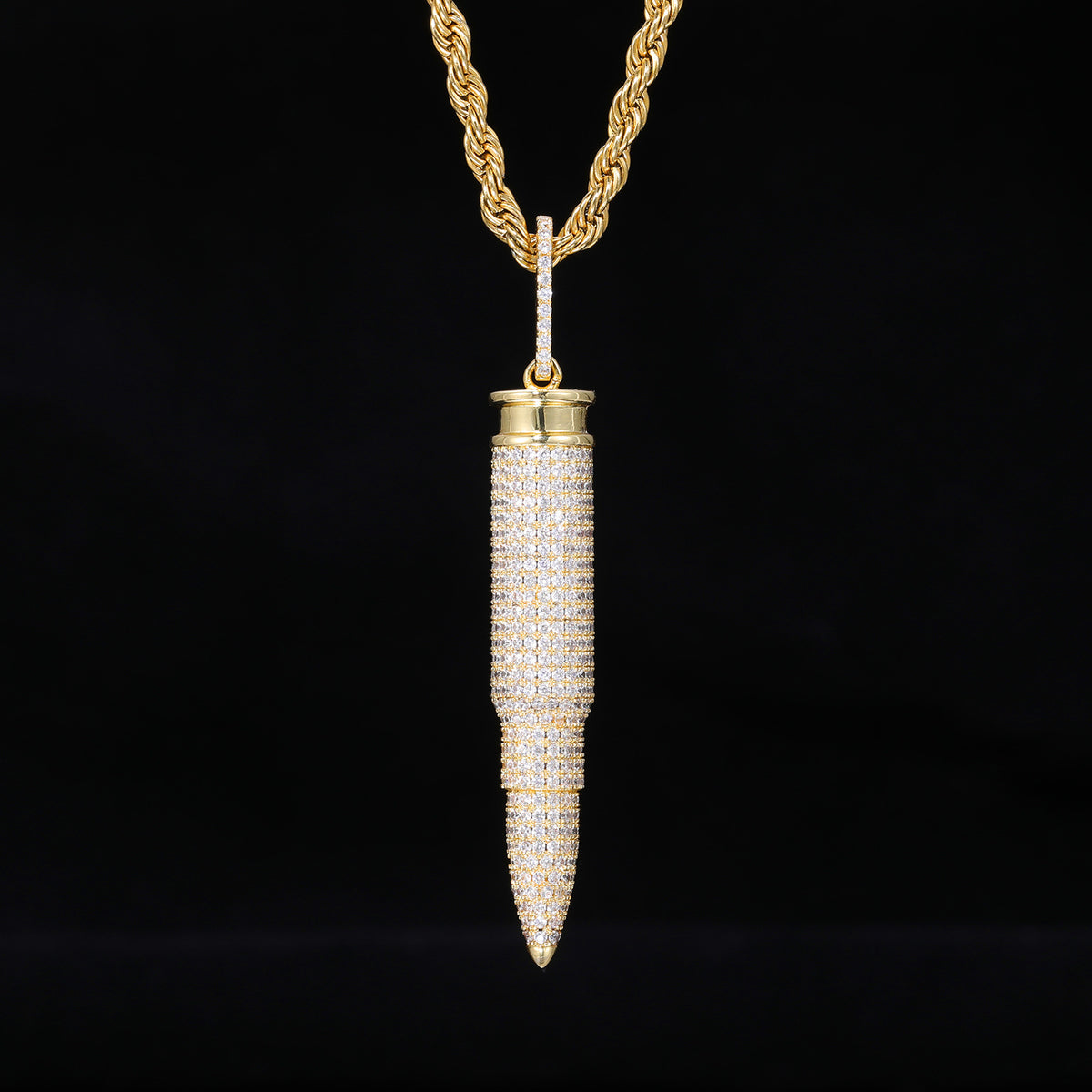 Pavé Bullet Pendant Necklace, Zircon Rope Chain Hip Hop Pendant, White/Yellow Tone product image