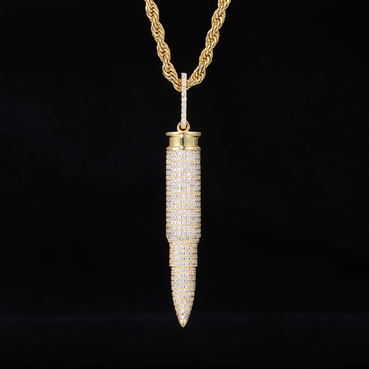 Pavé Bullet Pendant Necklace, Zircon Rope Chain Hip Hop Pendant, White/Yellow Tone product image