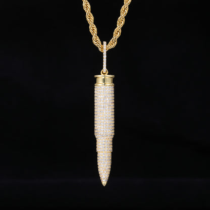 Pavé Bullet Pendant Necklace, Zircon Rope Chain Hip Hop Pendant, White/Yellow Tone