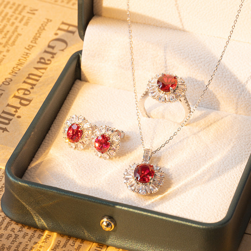 Ruby Red Oval Halo Matching Jewelry Set, Ring, Earrings & Pendant product image