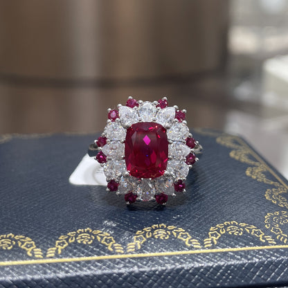 S925 Sterling Silver Red Cushion-Cut Halo Cocktail Ring for Women