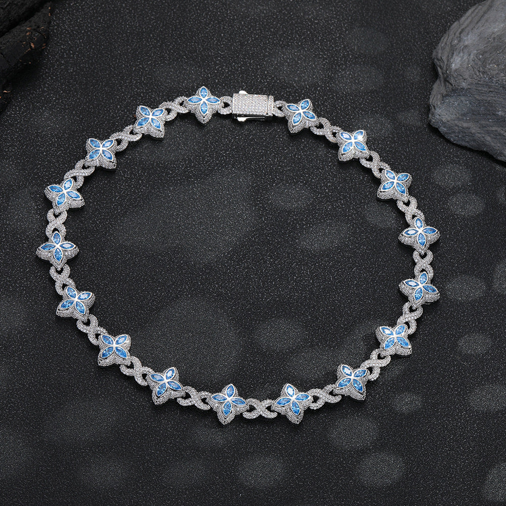 Clover Cuban Link Cubic Zirconia Bracelet & Necklace, Unisex Hip Hop Jewelry