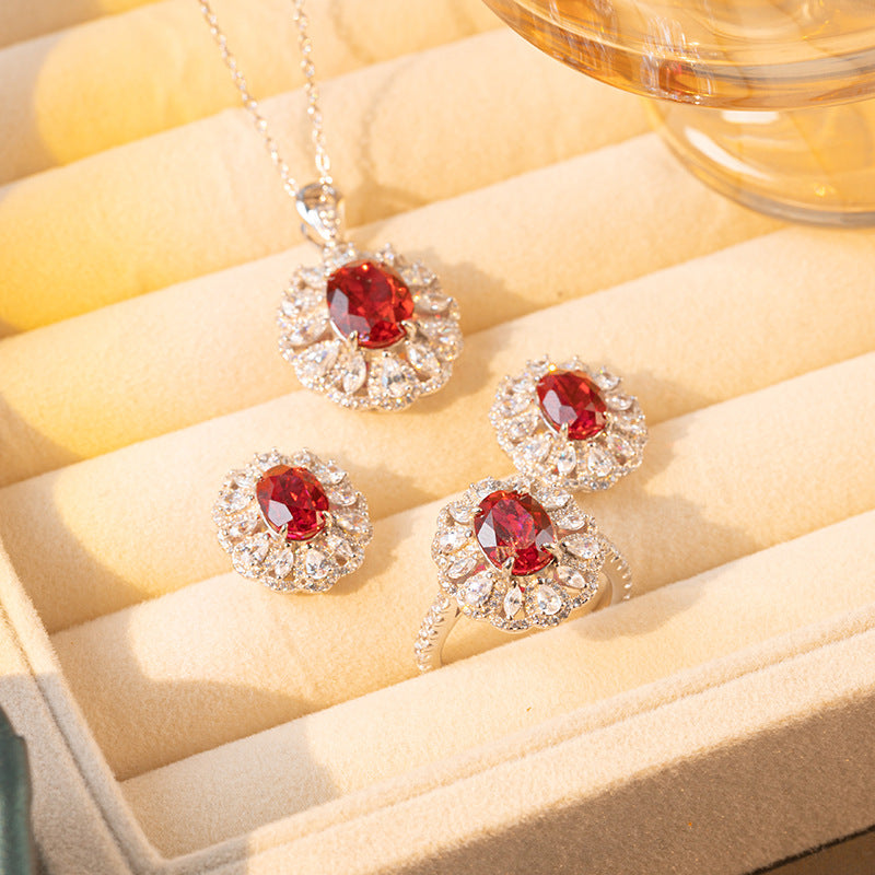 Lab-Created Ruby Halo Ring Set with Matching Necklace and Earrings product image