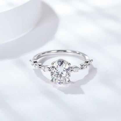 Oval Moissanite Ring for Women, Four-Prong Solitaire Ring with Marquise-Style Side Stones